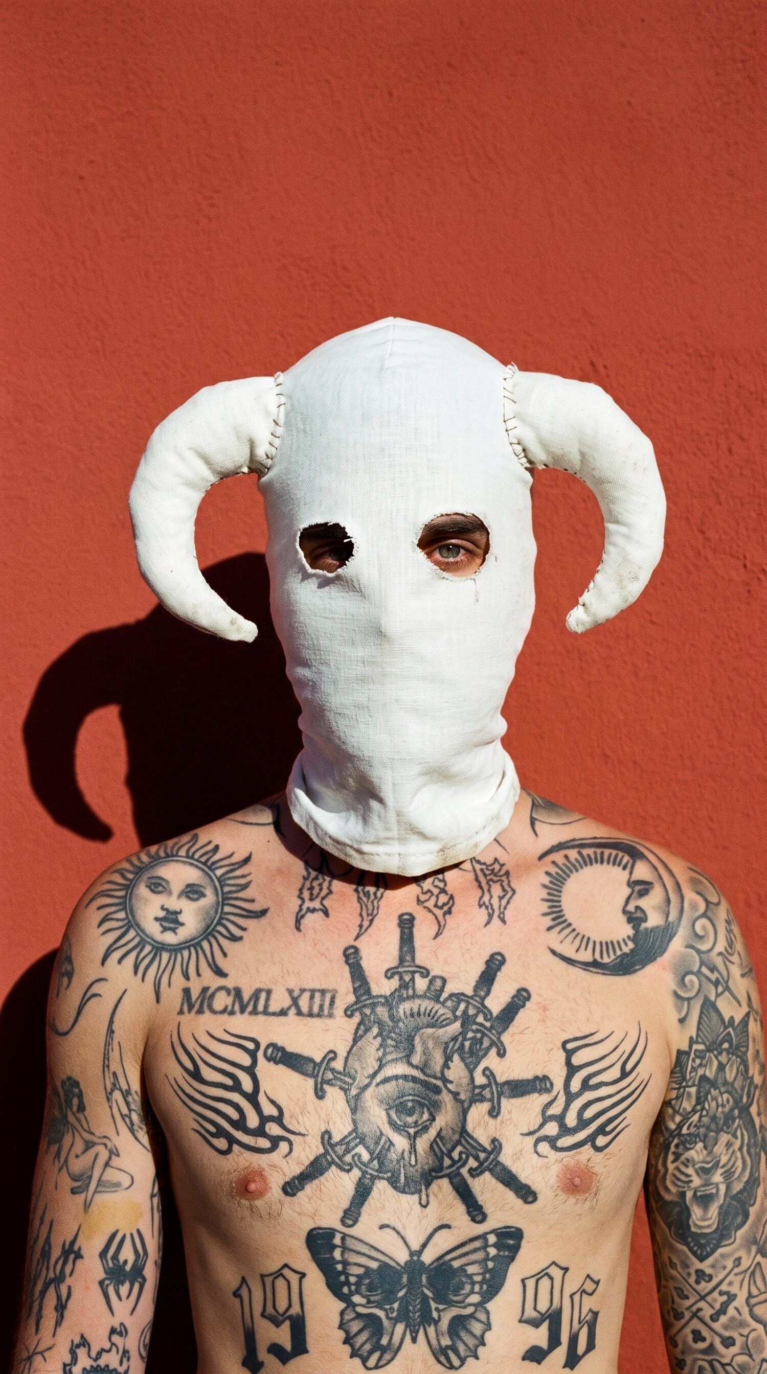 ALIVEMAEX — Porträt mit weißer Widderkopf-Maske vor roter Wand